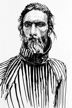 Sketch of artistic bearded man drawing by hands with black ink on white paper. Portrait of young guy.