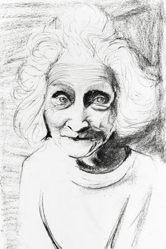 Sketch of old smiling woman drawing by hands with black pencil on white paper.