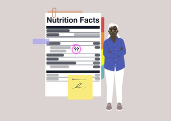 Nutrition facts label explained with notes and bookmarks, a senior character standing next to it, healthy eating and modern lifestyle