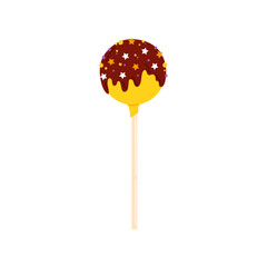 Cake ball on lollipop stick, sweet sugar sprinkles. Isolated 3d chocolate cake ball on lollipop stick with sweet sugar sprinkles, vector dessert