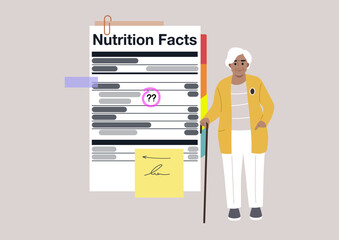Nutrition facts label explained with notes and bookmarks, a senior character standing next to it, healthy eating and modern lifestyle