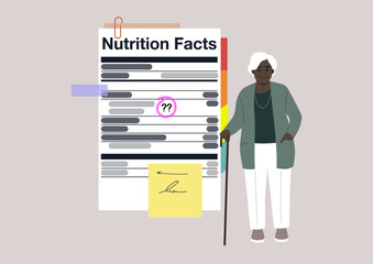 Nutrition facts label explained with notes and bookmarks, a senior character standing next to it, healthy eating and modern lifestyle