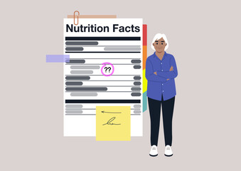Nutrition facts label explained with notes and bookmarks, a senior character standing next to it, healthy eating and modern lifestyle