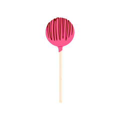 Delicious cake pop and chocolate lollipop candy on stick. Vector sweet lolly popsicle dessert with topping, birthday treat. Cakepop covered with glaze