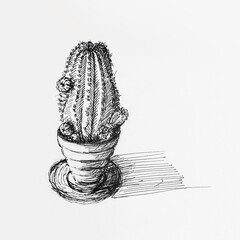 Cactus in pot, drawing by hand with black ink on white paper. Close-up view.
