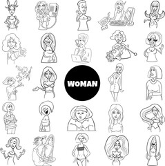 black and white cartoon women and girls characters big set