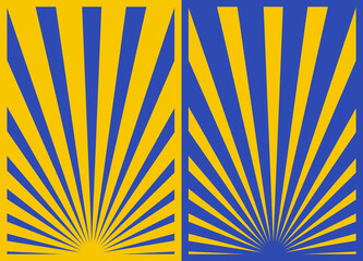 Vintage Blue and Yellow Sunburst Stripes Holiday Poster Set. Vertical Templates With Rays Centered at the Bottom, Retro Inspired Grunge Sun Bursts Artwork. 