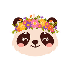 Panda cute animal with flower crown, cartoon face of funny happy bear character. Vector animal head wearing floral wreath, funny smiling wild panda bear