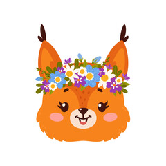 Fox cute animal with flower crown, cartoon face of funny happy foxy character. Vector animal head wearing floral wreath, funny smiling wild red fox