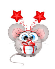 Cute cartoon funny mouse girl with gift box in hands and spiral headband with fluffy stars.