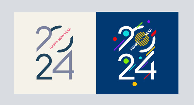 Happy New Year symbol 2024. Greeting banner logo design illustration. Creative and colorful 2024 number design template New Year. Vector illustration, creative labels, christmas decoration.