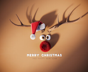 Funny reindeer with Santa hat and Merry Christmas text on brown background 3D Rendering, 3D...