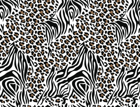 Animal pattern zebra and leopard vector seamless texture mix, modern trendy background on textile