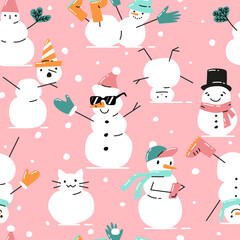 Christmas Vector Seamless Pattern with cute Snowman. Modern hand drawn colorful illustration. Wrapping paper with funny winter characters