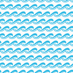 Sea and ocean surf wave seamless pattern of curly blue wavy tides, vector background. Blue wave ripples, water tide curves and tidal surfs, marine aqua flow and nautical wavy line pattern