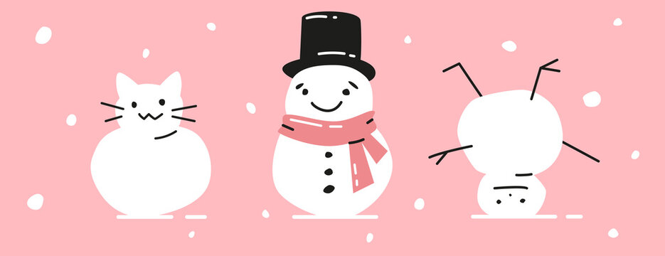 Set of weird cute snowman. Modern hand drawn Christmas illustration. Banner with funny winter characters