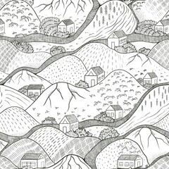 Seamless Pattern of house and Seamless Pattern of house and mountain. For colorings, printing on fabric 