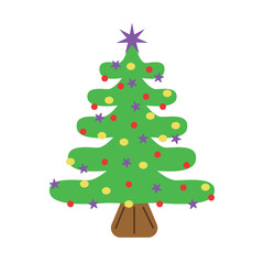 christmas tree colour in flat style. Xmas celebration with star and balls, vector illustration on white background. New year symbol