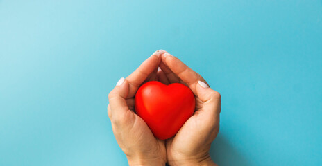 woman's hands carefully holds the heart, blue background. Take care of your mother's health, woman's health, heart donation, blood donation, cardiology heart attack prevention