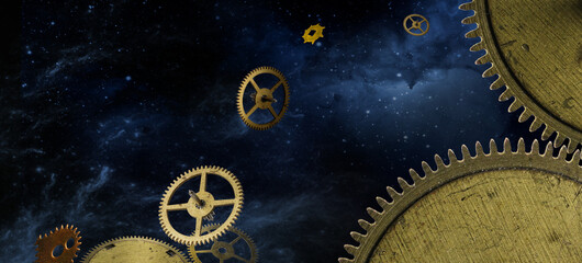 Parts of old antique watches isolated on starry night background