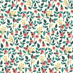 Seamless floral pattern, cute ditsy print with small hand drawn plants. Pretty floral background with tiny flowers, leaves, grass on thin twigs. Modern flower design, vector botanical illustration.