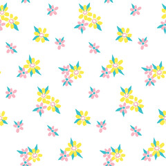 Seamless floral pattern, cute ditsy print with small yellow flowers, summer bouquets on a white background. Pretty floral surface with tiny hand drawn flowers, leaves. Liberty flower design, vector.