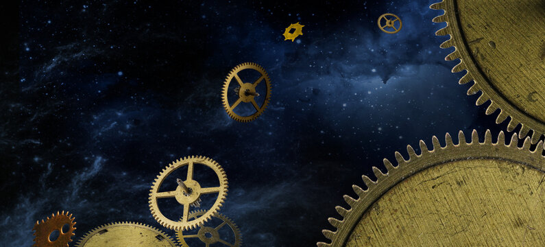 Parts of old antique watches isolated on starry night background © hacohob