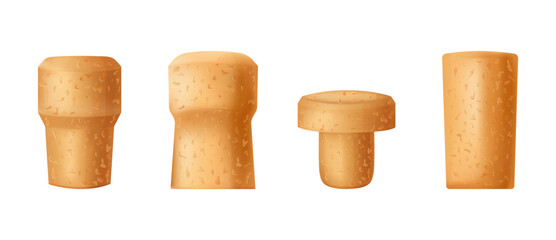 Set wine cork stopper, wooden textured cartoon style. Corkwood plug with grape bunch. Vector illustration on white background