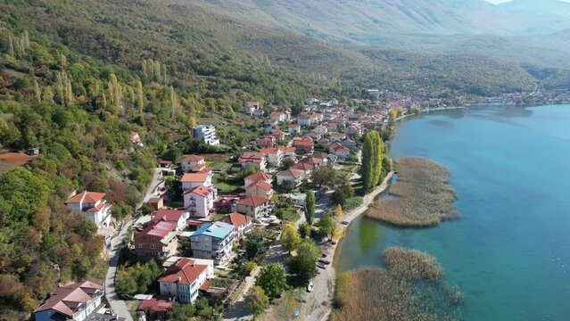 Aerial view of small village on Lake Ohrid, North Macedonia