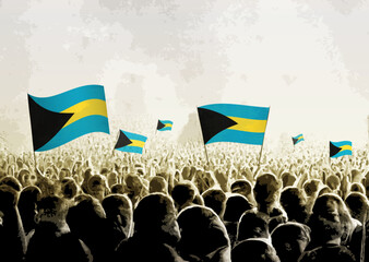 Naklejka premium Crowd with the flags of The Bahamas, people cheering national team of The Bahamas. Ai generated illustration of crowd.