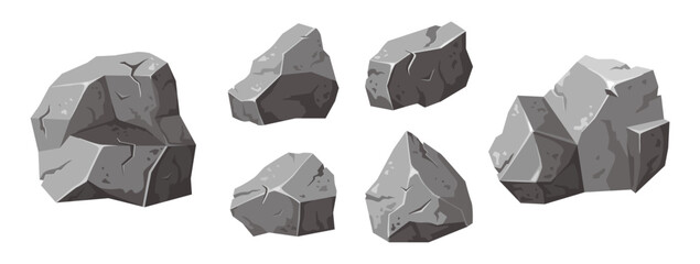 Set Stones solid natural building material . Landscape element. Coal black mineral rock. Gravel pebbles, gray heap isolated vector illustration