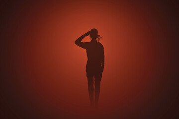 Fototapeta na wymiar Woman soldier salutes. Armed forces. Female silhouette in dark red fog.