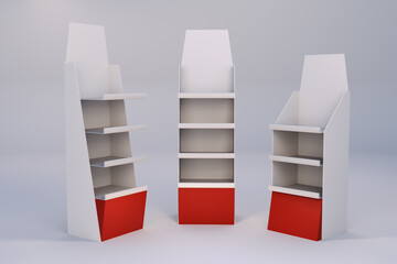 White And Red POS Floor Stand Display, Blank Empty Advertisement Stand Mock Up, 3D rendering	