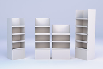 Various POS Floor Stand Display, Blank Empty Advertisement Stand Mock Up, 3D rendering	