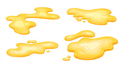 Set of puddle of yellow oil isolated. Honey, urine or gasoline gold liquid. Cartoon style vector illustration