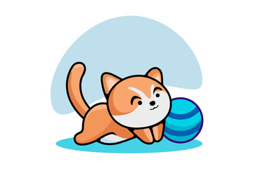 Cute kitten cat with blue ball. Cartoon cat in minimal style on white background. Cat ball illustration