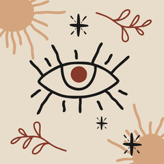 Abstract modern eye illustration. Modern boho wall art in scandinavian style, mid century print, bohemian flower witch, magic mystery concept.