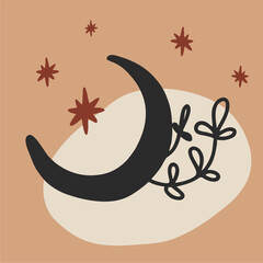 Moon with stars . Unique print in boh style. Perfect for poster or postcard template, trendy t-shirt design.