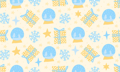 Fototapeta na wymiar Seamless winter snowflakes pattern. Christmas gift boxes and snow balls yellow background. Wrapping and gift paper. Kids and home textile. Cover books and scrapbooking.
