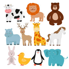 Obraz na płótnie Canvas Set of Safari Animals Illustration cow lion bear hippo giraffe horse elephant penguin duck deer, hare
