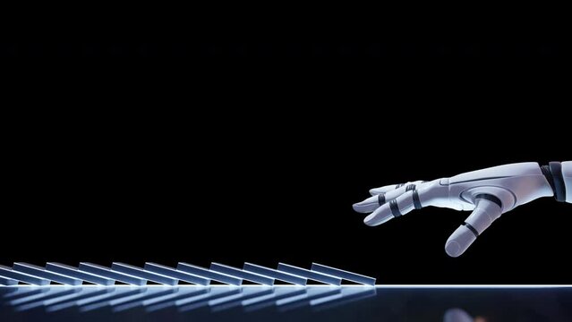 robot hand pushing block creating domino effect. A 3d animation concept depicting change and disruption in the industry using AI and robot.