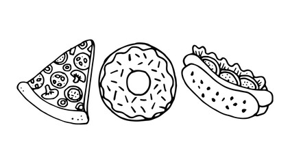 Fast Food illustration of pizza, donut and hot dog
