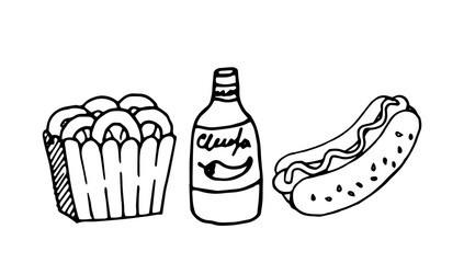 Crispy Onion Rings, hot sauce and hotdog illustration