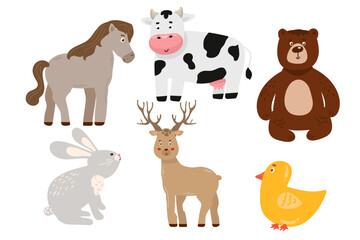 Woodland characters. Cartoon cute animals for baby cards. horse, bear, deer, chicken, cow, hare