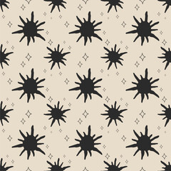 Seamless pattern with shining stars, sparkles on a light background. Unique print in boh style. Ideal for fabric template, cover, wrapper or postcard.