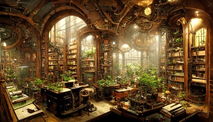 Steampunk old victorian library with plants illustration - obrazy, fototapety, plakaty