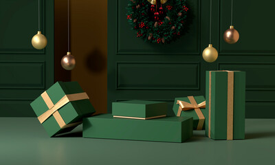 Festive sence 3d rendering green gift box with modern background and metallic ornament, christmas wreath. 3d Illustration.