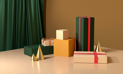 Christmas green gift box and yellow box pedestal with gold ornament festivw scene in green silk curtain background. 3d Illustration