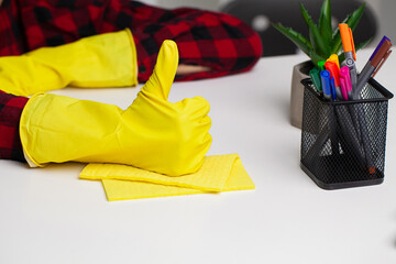 Cleaner Cleaning Desk With Rag In Office
