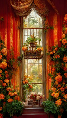 Victorian high window with beautiful flowers.